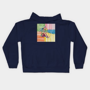 Girl on the beach, the soft breeze blows on her face Kids Hoodie